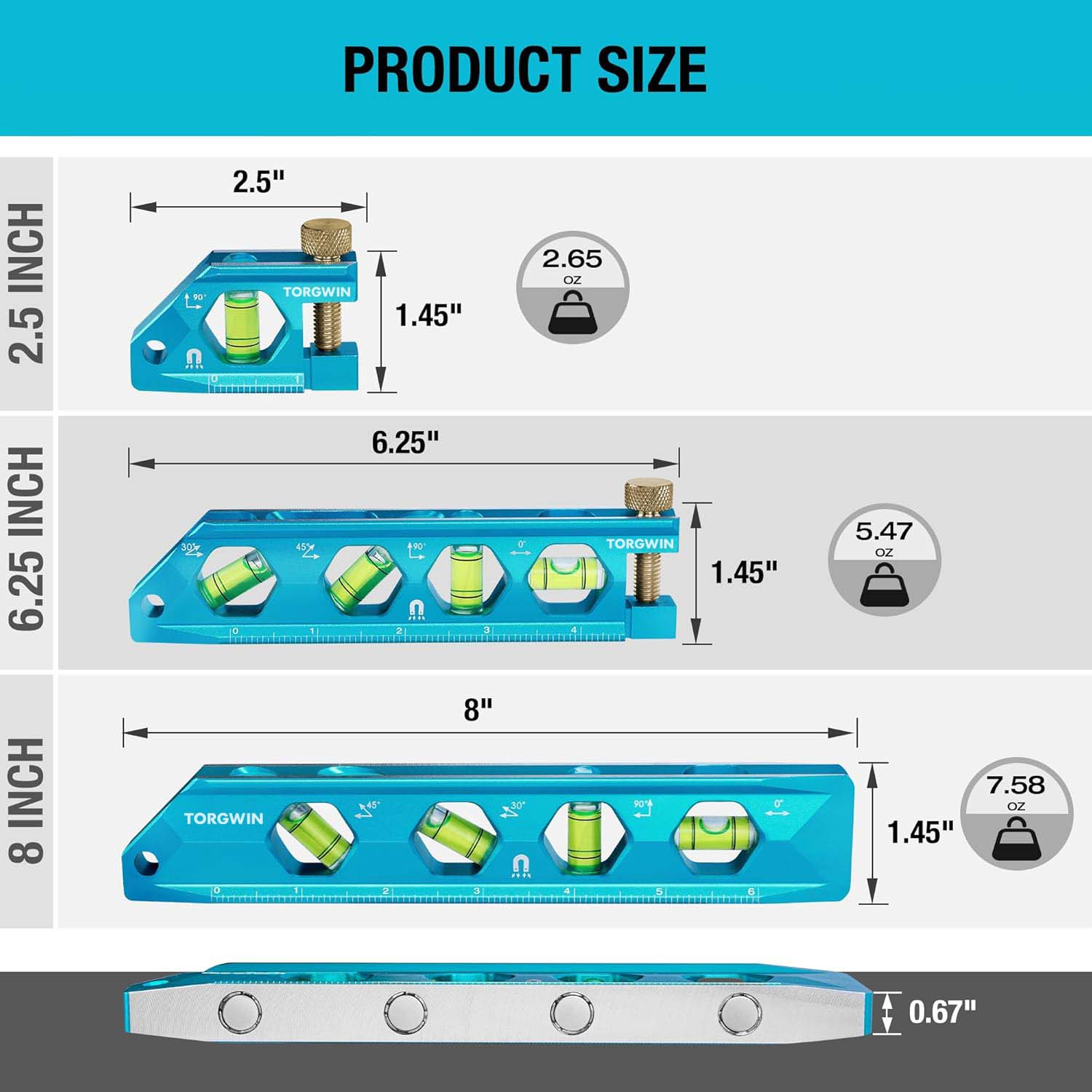 3-Piece Level Tool Set, Magnetic Torpedo Level Kasamang 2.5